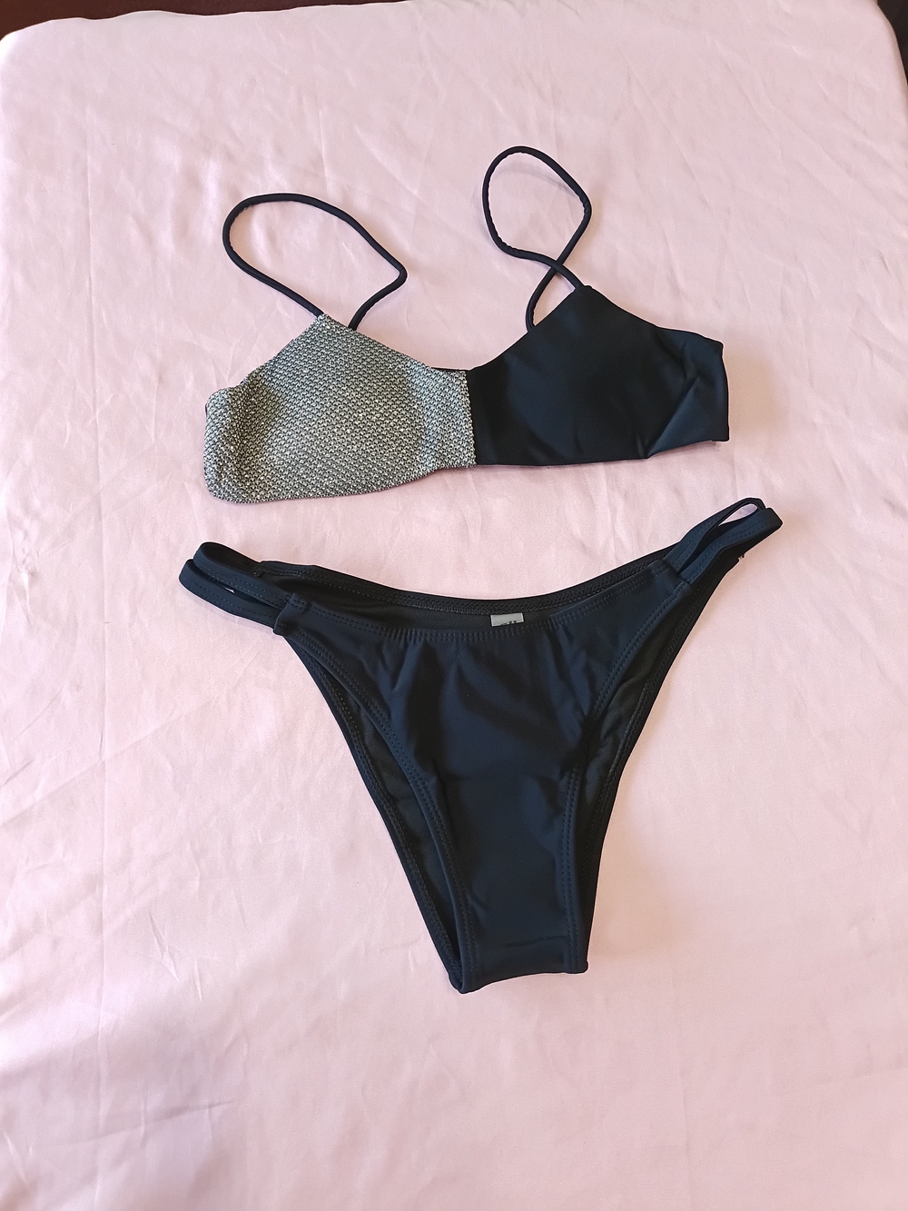 SHEIN Black Bikini Set with Textured Gray Panel Small New